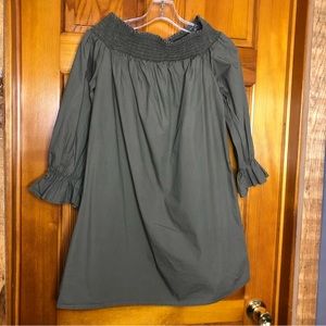 Green Soprano off shoulder smocked neckline and elastic wristband dress